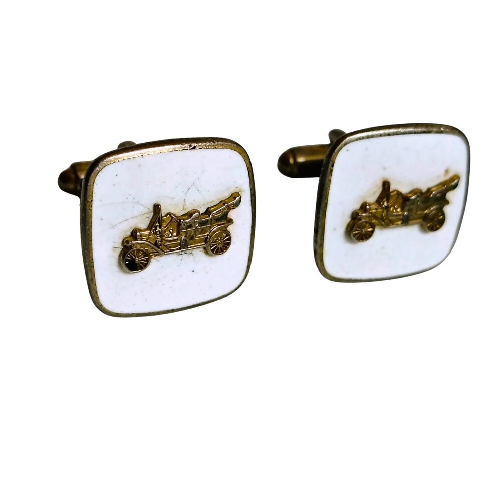 1950s Roadster White Enamel Cufflinks Faux Gold Metal Formal Wear Set of Two